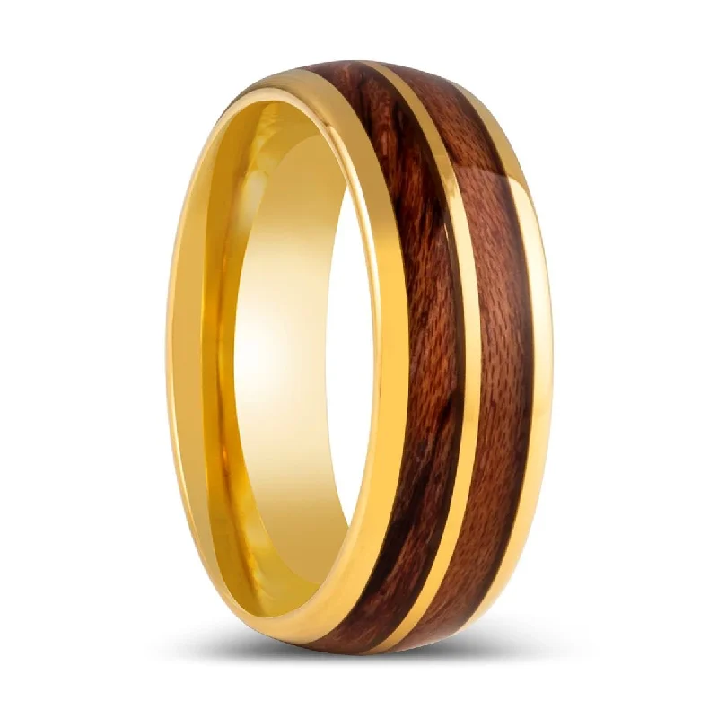 cushion engagement rings for women-KOAFLARE | Gold Tungsten Ring, Split Koa Wood Inlay, Domed