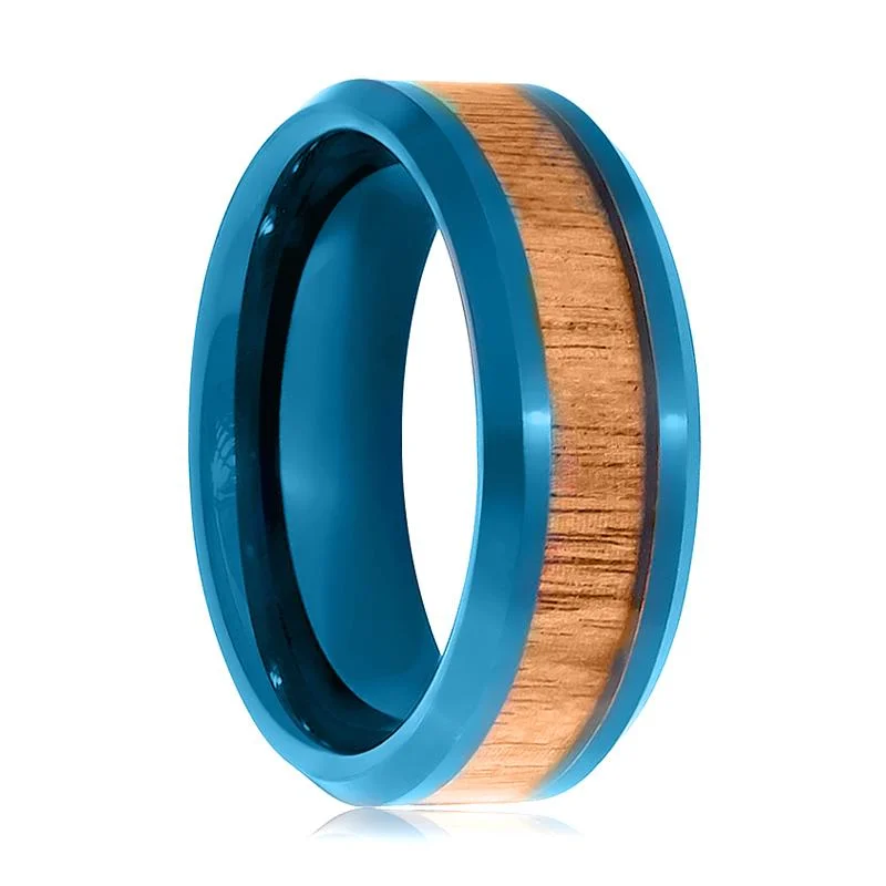 forever engagement rings for women-TROPICUS | Blue Tungsten Ring, Koa Wood Inlay, Beveled Edge