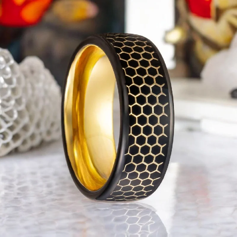 bridal engagement rings for women-ALTIN | Gold Tungsten Ring, Black Resin Honeycomb Design Inlay, Domed