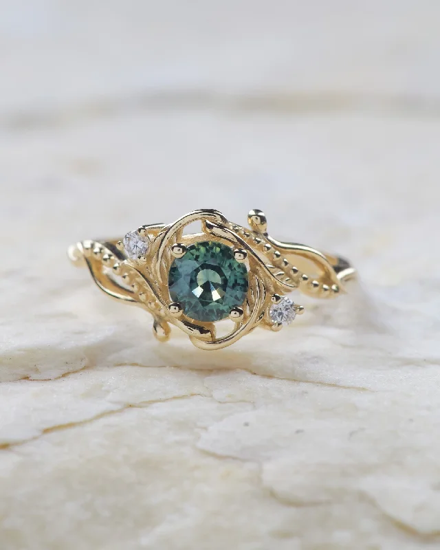 Greenish teal sapphire engagement ring, elvish gold proposal ring / Undina