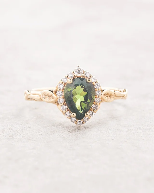 Green tourmaline engagement ring with diamond halo and golden leaves / Florentina