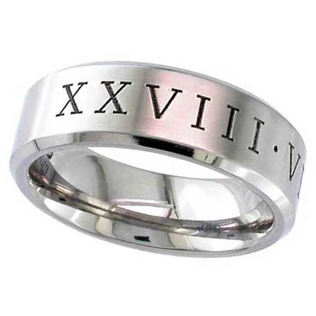 elegant engagement rings with diamonds for women-Titanium Ring With Roman Numerals - 2226CHRN