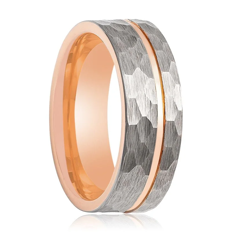 engagement rings with diamonds for women-TROOPER | Tungsten Ring Rose Gold Groove Hammered Finish