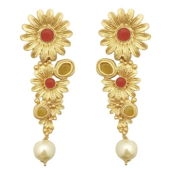 elegant earrings for women-Kriaa Red Pota Stone Gold Plated Floral Pearl Dangler Earrings - 1313109F