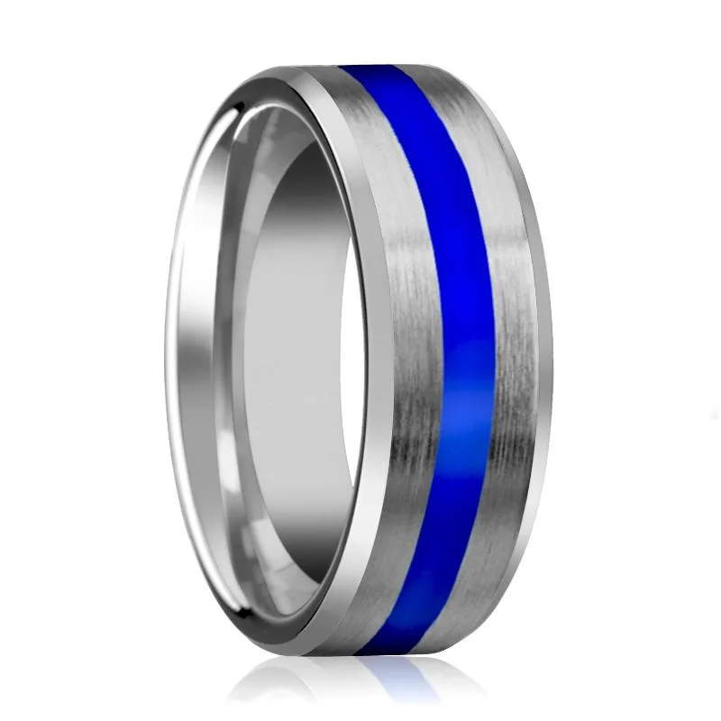 engagement rings with side stones for women-Tungsten Wedding Band for Men with Blue Stripe Inlay & Beveled Edges Polished Finish - 8MM