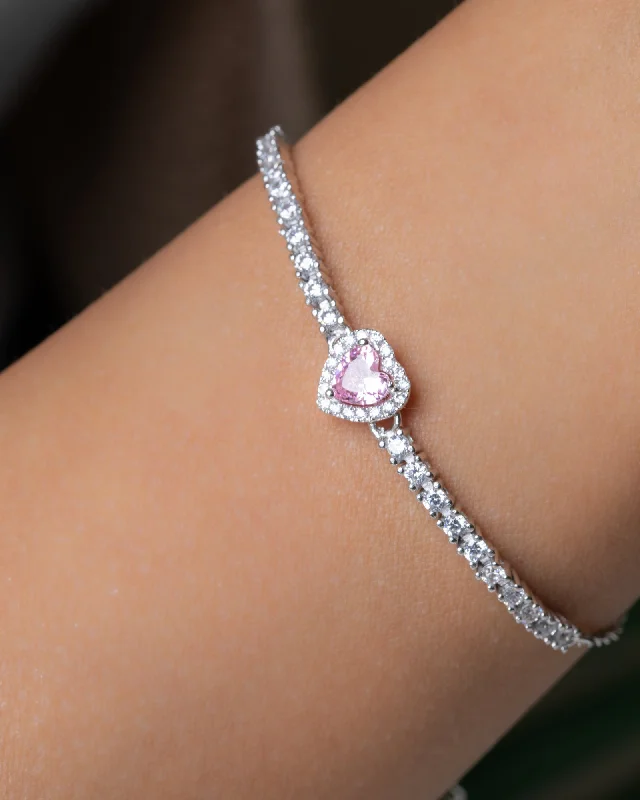 trendy bangles with gemstones for women-Zircon Pink Heart Tennis Bracelet