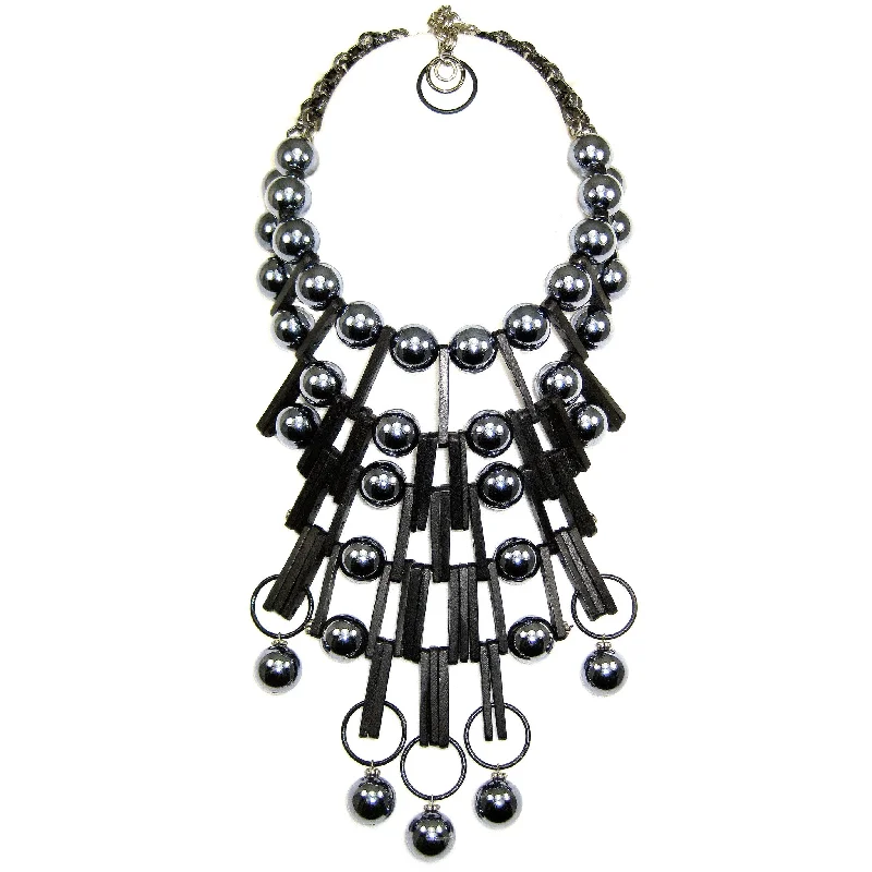 crystal pendant necklaces for women-#992n Gunmetal & Black Architecture-Inspired Statement Bib Necklace