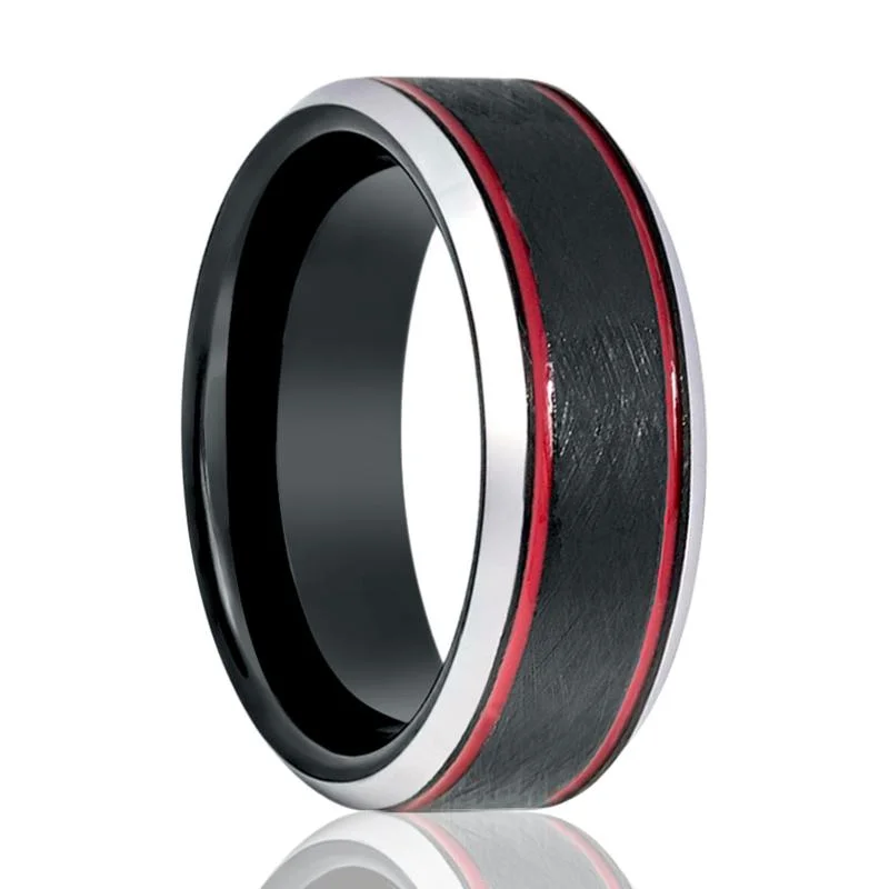 forever engagement rings for women-BELARIO | Black Tungsten Ring, Double Red Groove, Beveled