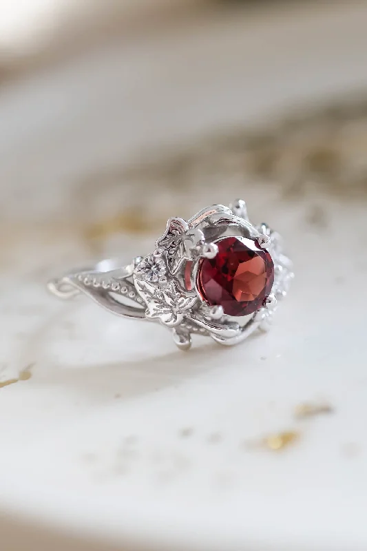 Natural garnet ivy leaves engagement ring, red gemstone ring / Undina Ivy