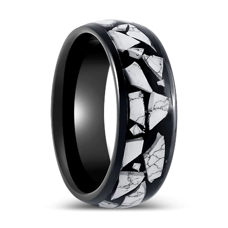 pear-shaped engagement rings for women-CONTELIS | Black Tungsten Ring White Turquoise Fragments Inlay