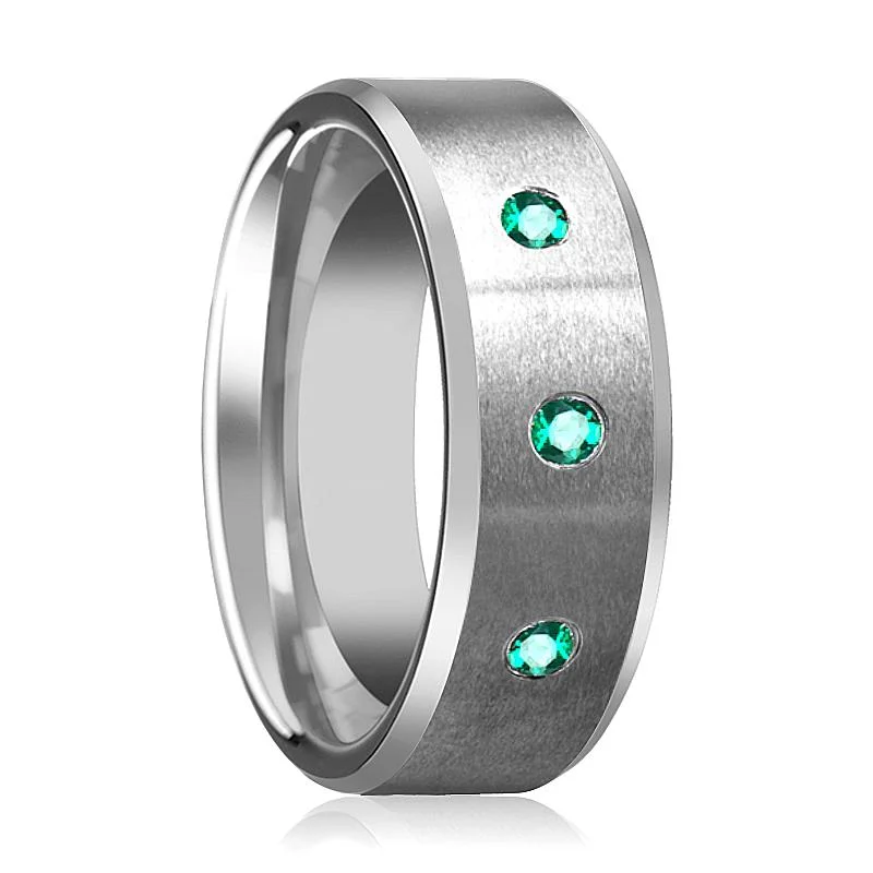 princess cut engagement rings with diamonds for women-LEVI | Tungsten Ring 3 Green Emerald Setting