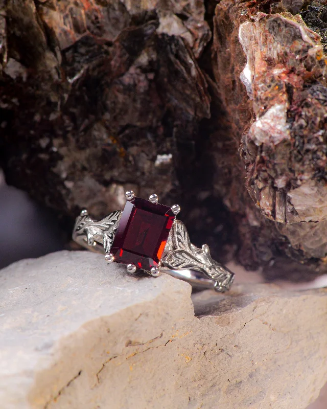 Emerald-cut garnet engagement ring, nature themed branch proposal ring / Freesia