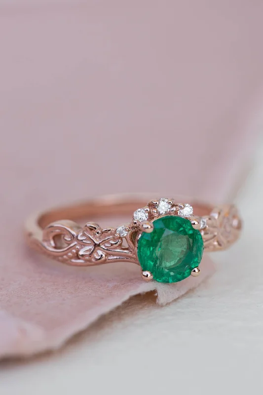 Round emerald rose gold engagement ring, clover leaves proposal ring with diamonds / Horta