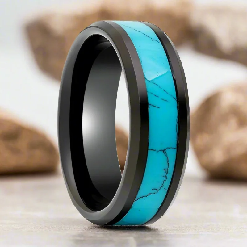 stackable diamond engagement rings for women-VERDEL | Black Tungsten Ring, Turquoise Inlay, Beveled Edge