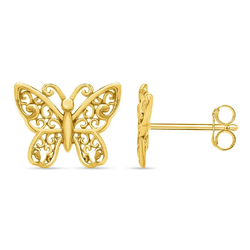 gold dangle earrings for women-Solid 14k Yellow Gold Filigree Butterfly Stud Earrings with Push Back