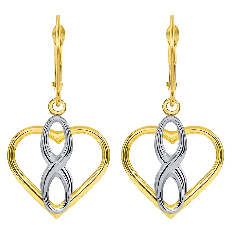 fine jewelry earrings for women-14k Two Tone Gold Infinity Sign in Open Heart Dangle Drop Earrings with Leverback