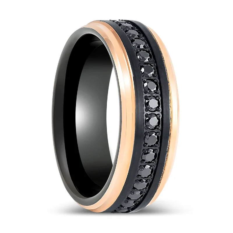 rare engagement rings for women-PASSINO | Black Tungsten Ring with Rose Gold Edges and Black CZ