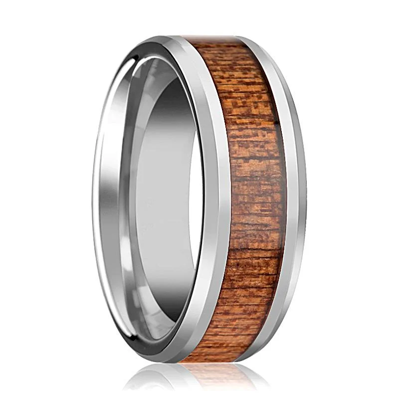 bridal solitaire engagement rings for women-CONGO | Silver Tungsten Ring, African Sapele Wood Inlay, Beveled