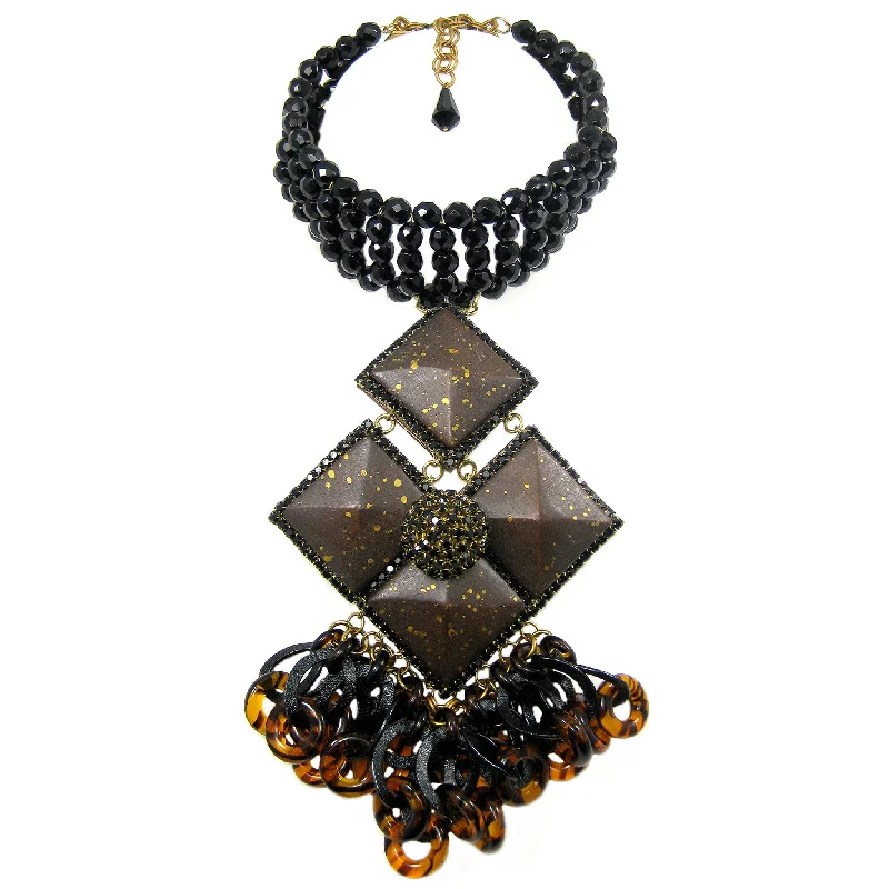 silver chain necklaces for women-#861n Jet Bead Choker With Espresso/Gold Wood, Jet Rhinestone, & Chain Fringed Pendant