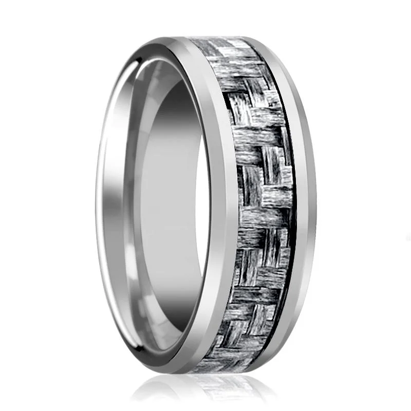 split shank engagement rings for women-SKYLO | Silver Tungsten Ring, Grey Carbon Fiber Inlay, Beveled