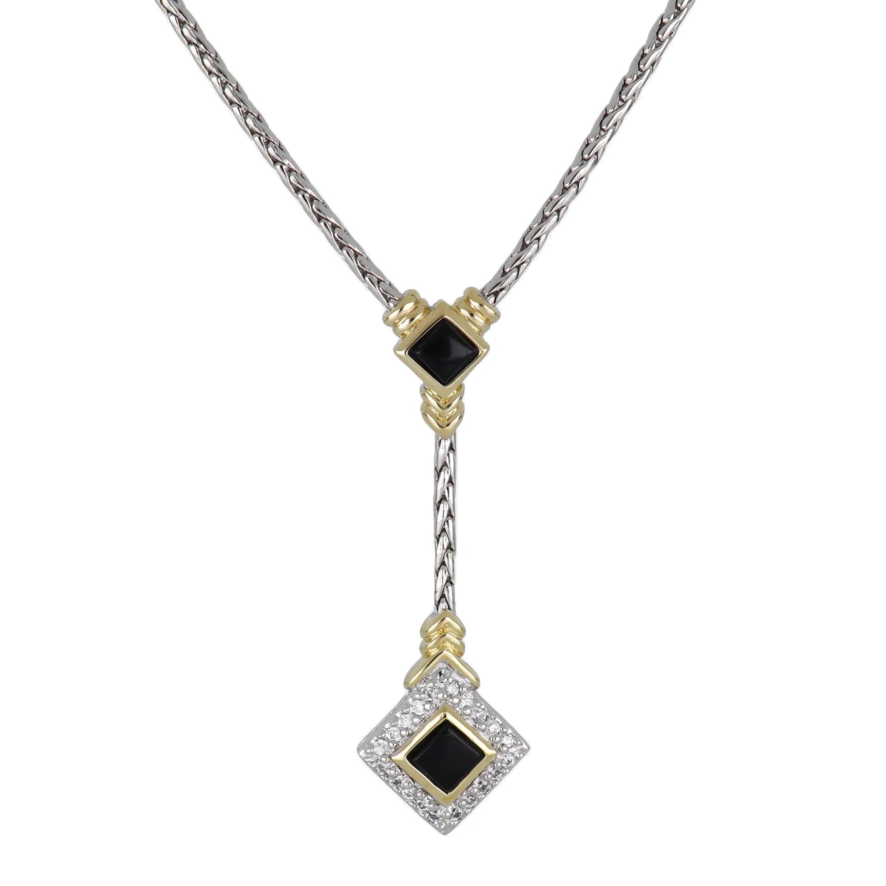 infinity necklaces for women-Black Onyx Adjustable Diamond-Shaped Stone Two-Tone Y Necklace - With Pavé