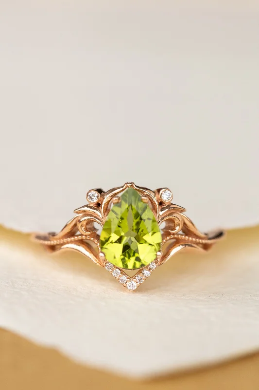 Natural peridot engagement ring, teardrop gemstone proposal ring / Lida small