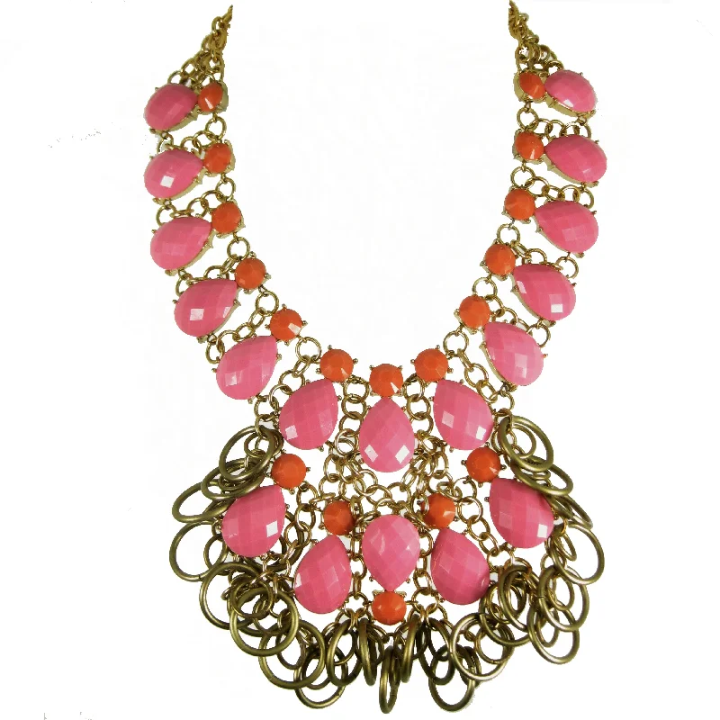 diamond pendant necklaces for women-#1083n Pink, Orange & Gold Tone Bib Necklace