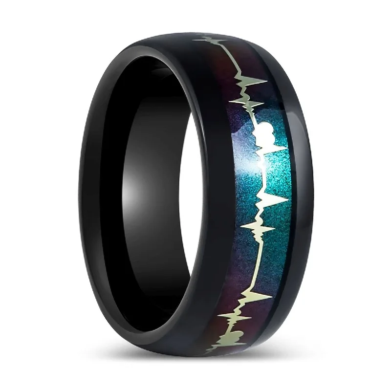 engagement rings with side stones for women-MERKATOS | Black Tungsten Ring with Rainbow and EKG Cutout