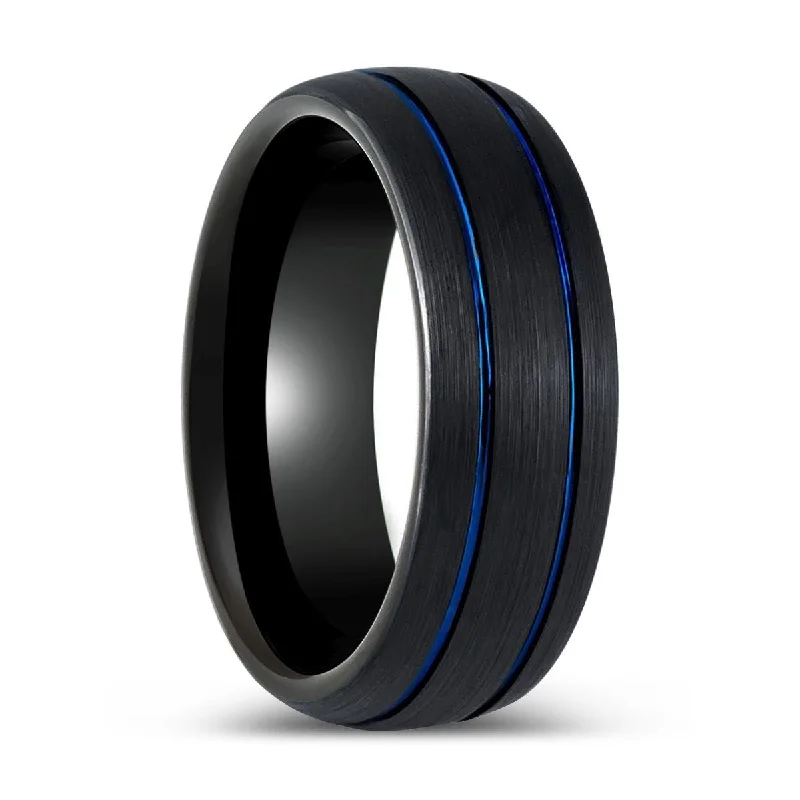 fine diamond engagement rings for women-THEODORE | Black Tungsten Ring Two Blue Grooves