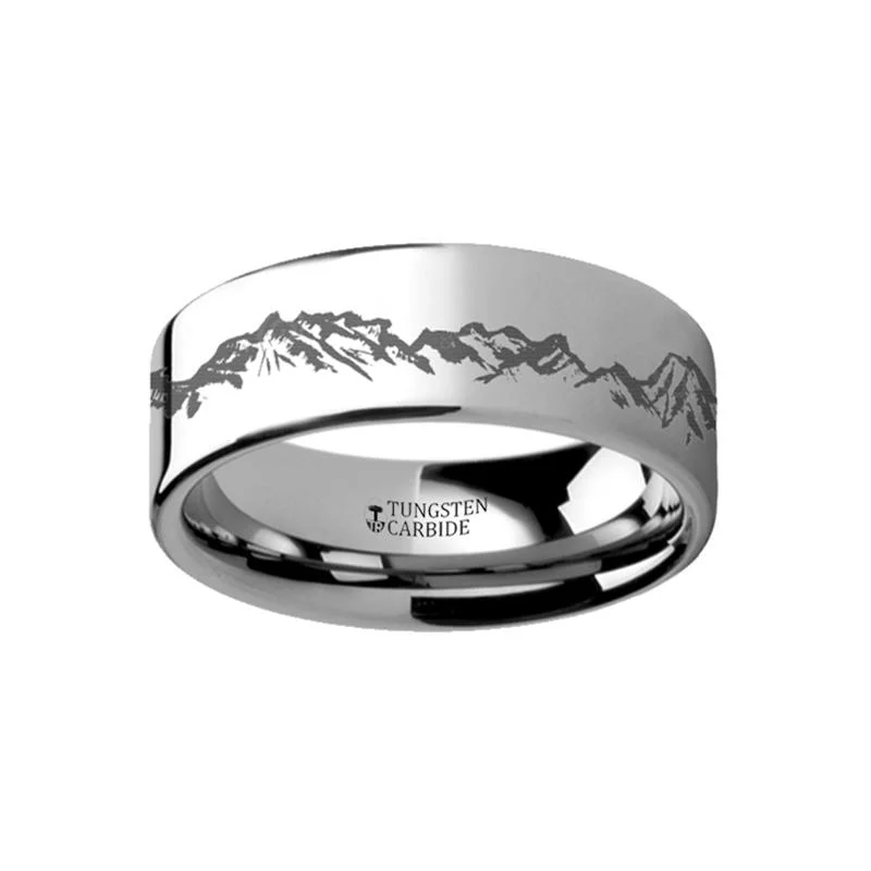 two-stone engagement rings for women-Peaks Mountain Range Scene Engraved Flat Tungsten Wedding Band for Men and Women - 4MM - 12MM