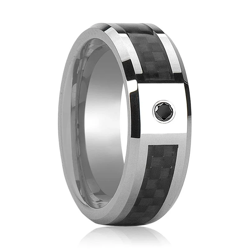 designer engagement rings for women-BRAHMA | Silver Tungsten Ring, Black Carbon Fiber, Black Diamond, Beveled