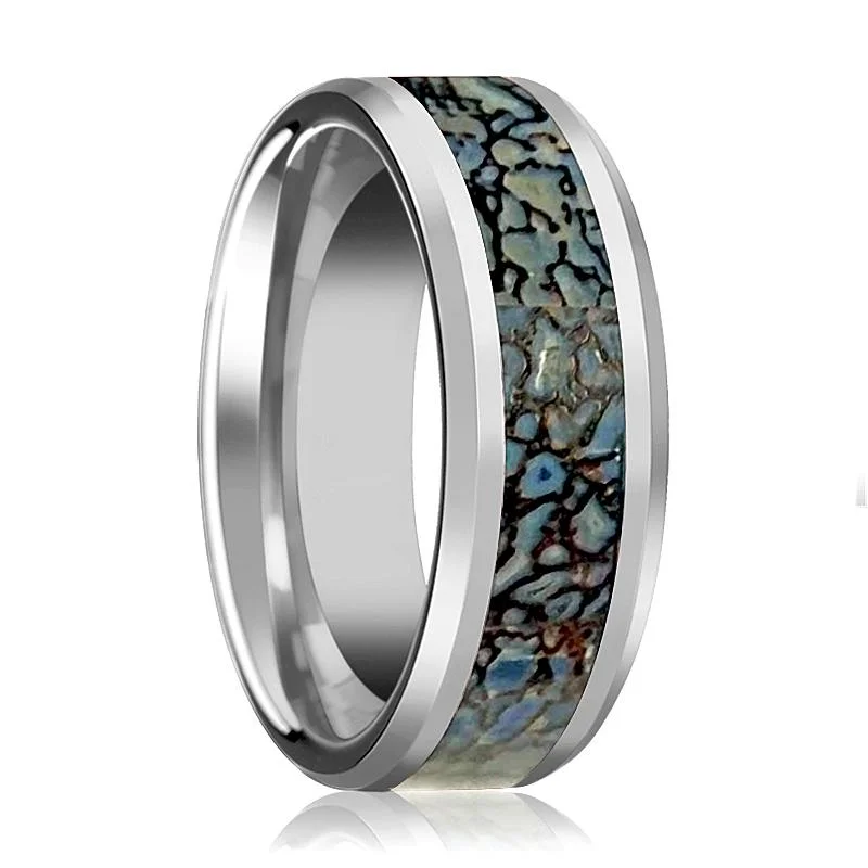 luxurious diamond engagement rings for women-DEVONIAN | Tungsten Ring Blue Dino Bone Inlay