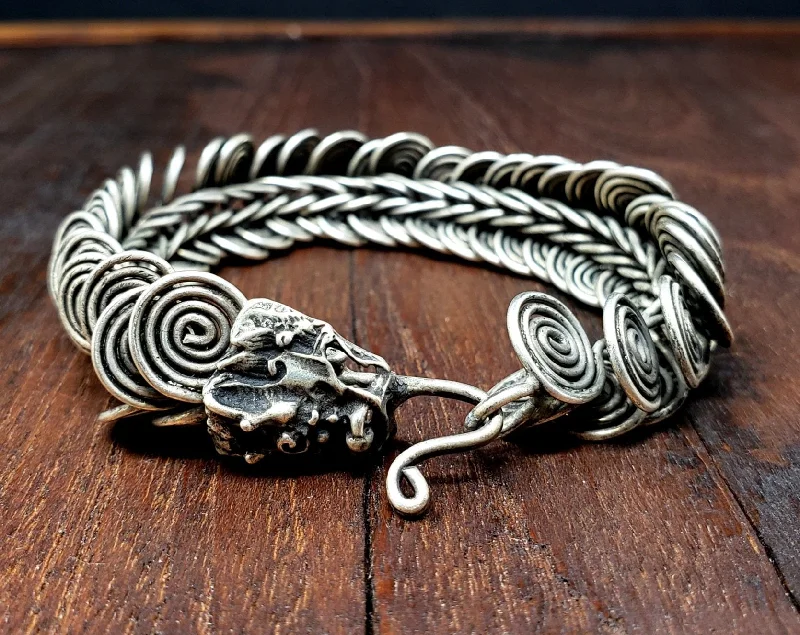 fashion bracelets for women-Silver Coil Dragon Miao Hmong Bracelet