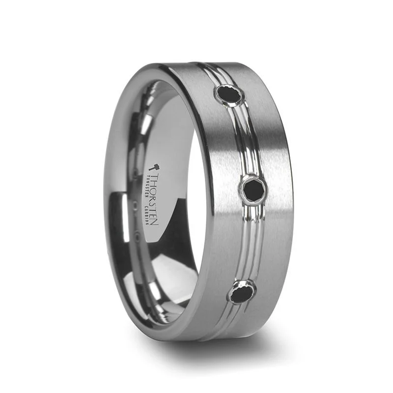 diamond solitaire rings for women-ROYALE | Tungsten Ring Triple Black Diamonds