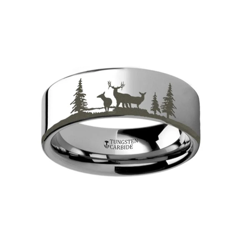 best selling engagement rings for women-Laser Engraved Deer Stag Mountain Range Flat Tungsten Couple Matching Ring - 4MM - 12MM