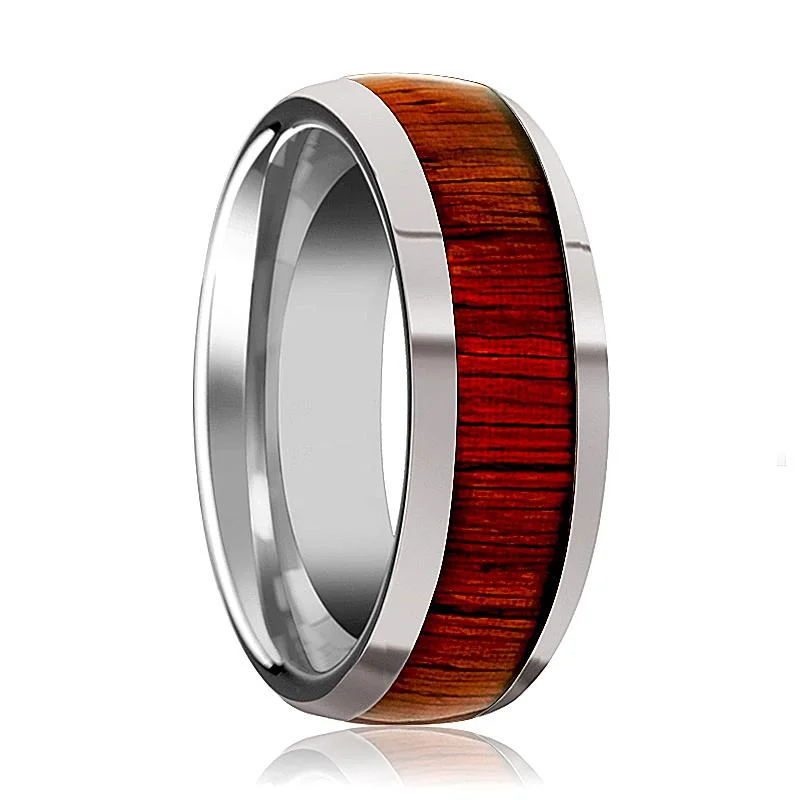 luxury solitaire engagement rings for women-MUKWA | Silver Tungsten Ring, Padauk Wood Inlay, Domed