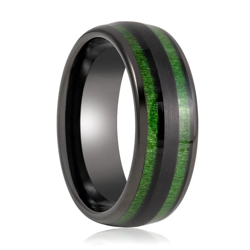 bridal solitaire engagement rings for women-HELLION | Tungsten Ring Green Groove