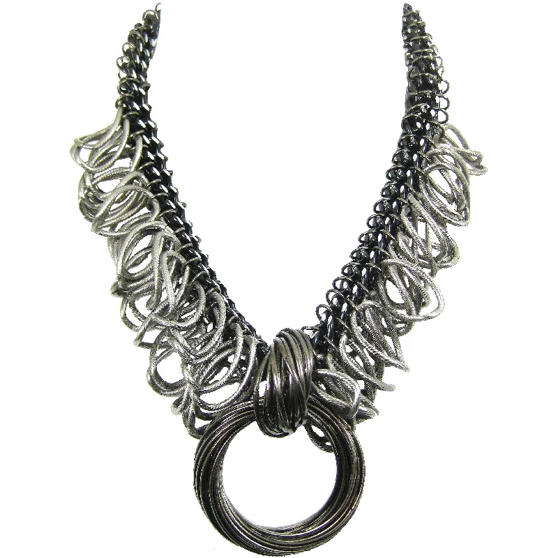 oval necklaces for women-#968n Silver, Black & Gunmetal Tone Multi Chain Fringed Pendant Necklace