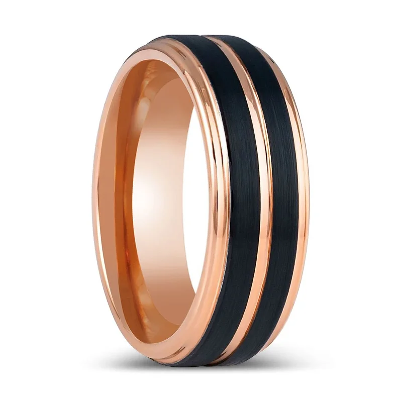 blue sapphire engagement rings for women-BLACKLUSH | Rose Gold Tungsten Ring, Rose Gold & Black Pinstripe Ring