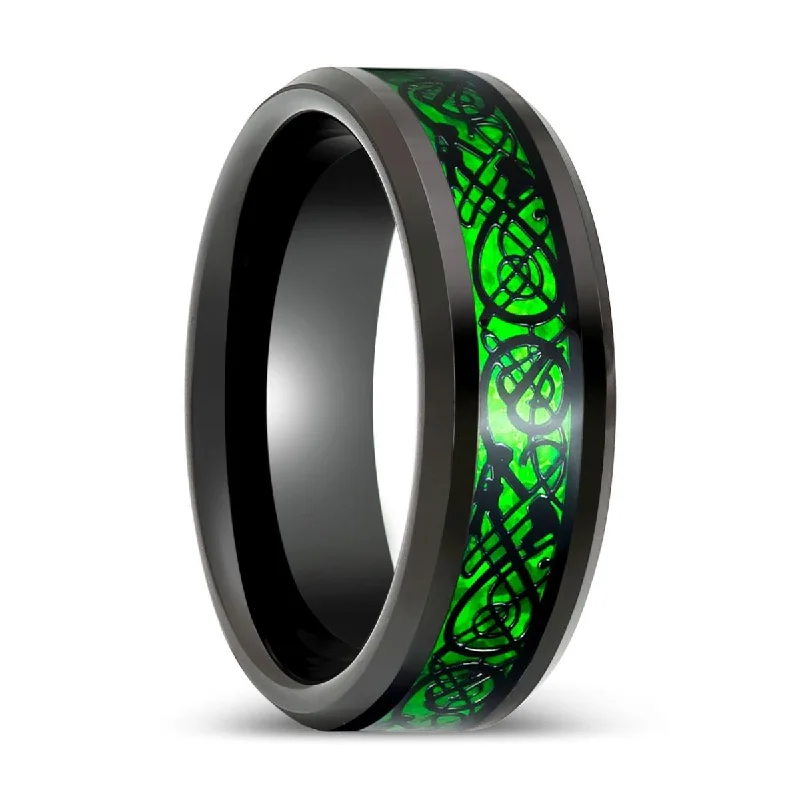 elegant emerald engagement rings for women-PEACHLAND | Black Tungsten Ring Green Celtic Dragon Inlay