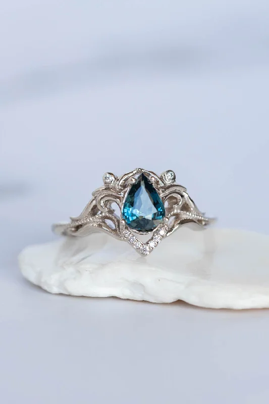 White gold engagement ring with teal sapphire, elvish bridal ring with diamonds / Lida small