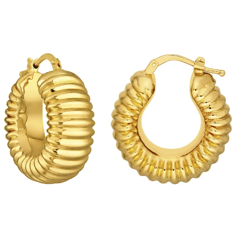 luxury drop earrings for women-14k Yellow Gold Puff Ribbed Hoop Earrings with Hinged Back