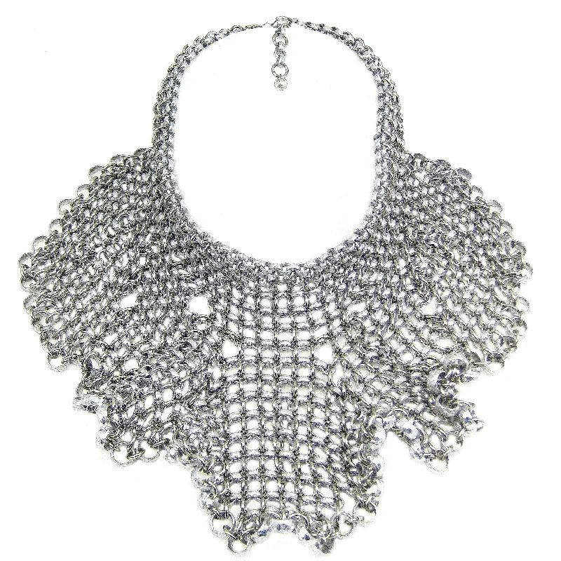 layered necklaces for women-#845n Silver Tone Chain Mail Bib Necklace