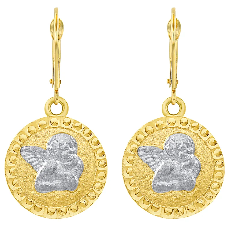 cute earrings for women-14k Yellow Gold Round Guardian Angel Dangle Drop Earrings with Leverback