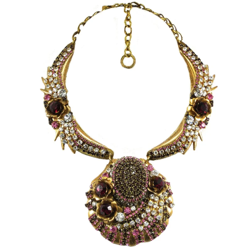 vintage-inspired necklaces for women-#1051n Gold Tone Collar/Pendant Statement Necklace With Crystal, Pink & Ruby Rhinestones & Flowers