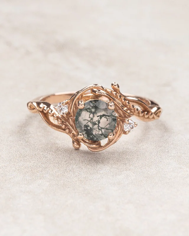 Rose gold engagement ring with moss agate and diamond accents / Undina