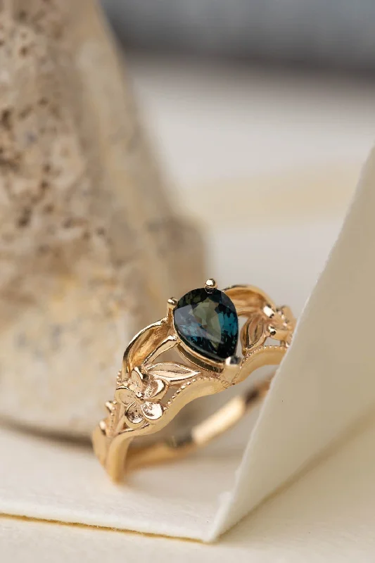 Genuine teal sapphire engagement ring, gold flower proposal ring / Eloise