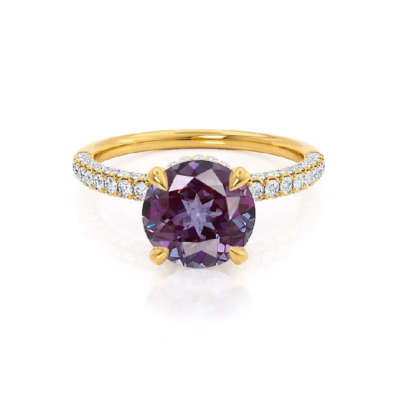 COCO- Chatham® Round Alexandrite & Diamond 18k Yellow Gold Petite Hidden Halo Triple Pavé Shoulder Set Ring