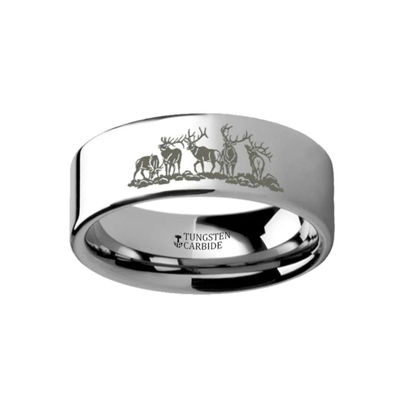 sapphire engagement rings for women-Laser Engraved FIve Deer Stag Hunting Print Flat Tungsten Couple Matching Ring - 4MM - 12MM