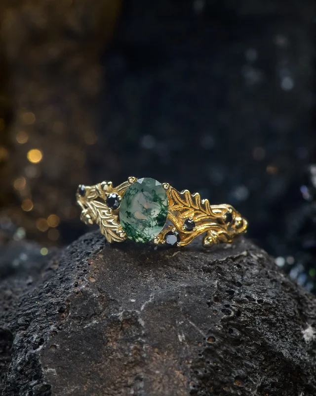 Moss agate engagement ring, gold oak leaves and black diamonds proposal ring / Silviya